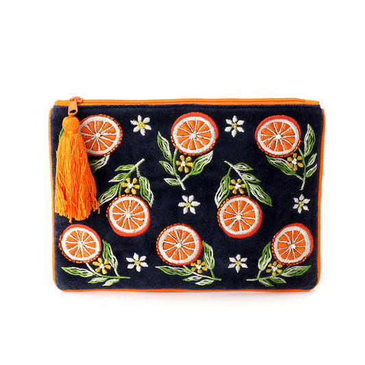 Navy Velvet Embroidered Oranges Pouch Purse