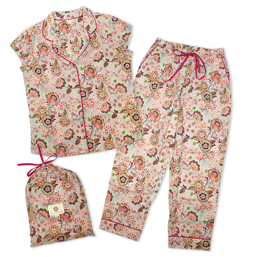 Grey, Pink & Green Floral Cap Sleeve Ladies Cotton Pyjamas