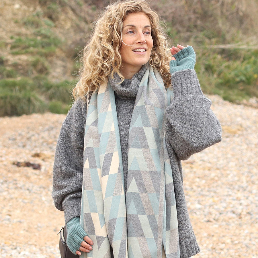 Mix Geo Chevron Jacquard Scarf Duck Egg & Grey