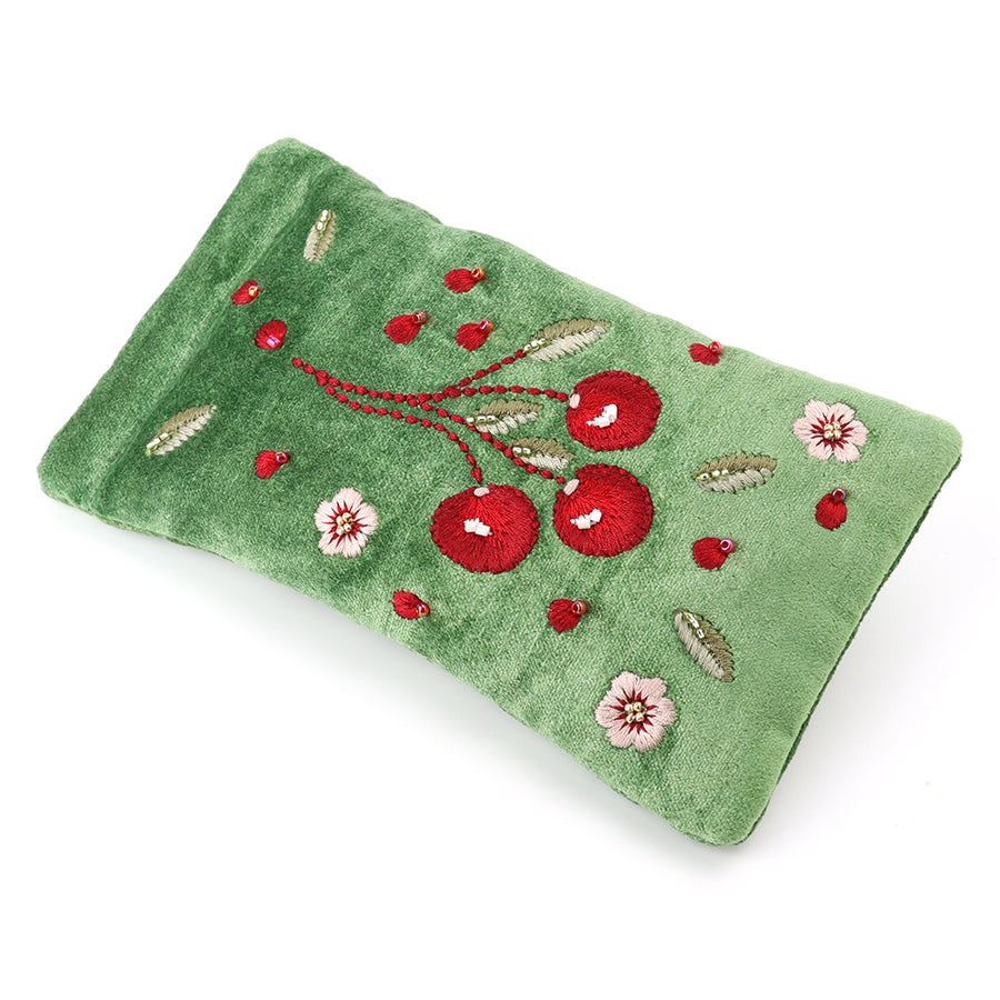 Green Velvet Embroidered Cherries Glasses Pouch
