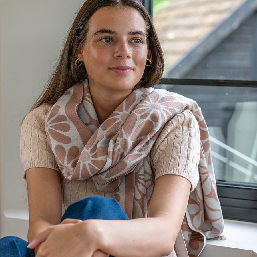 Camel Mix Flower Silhouette Jaquard Scarf