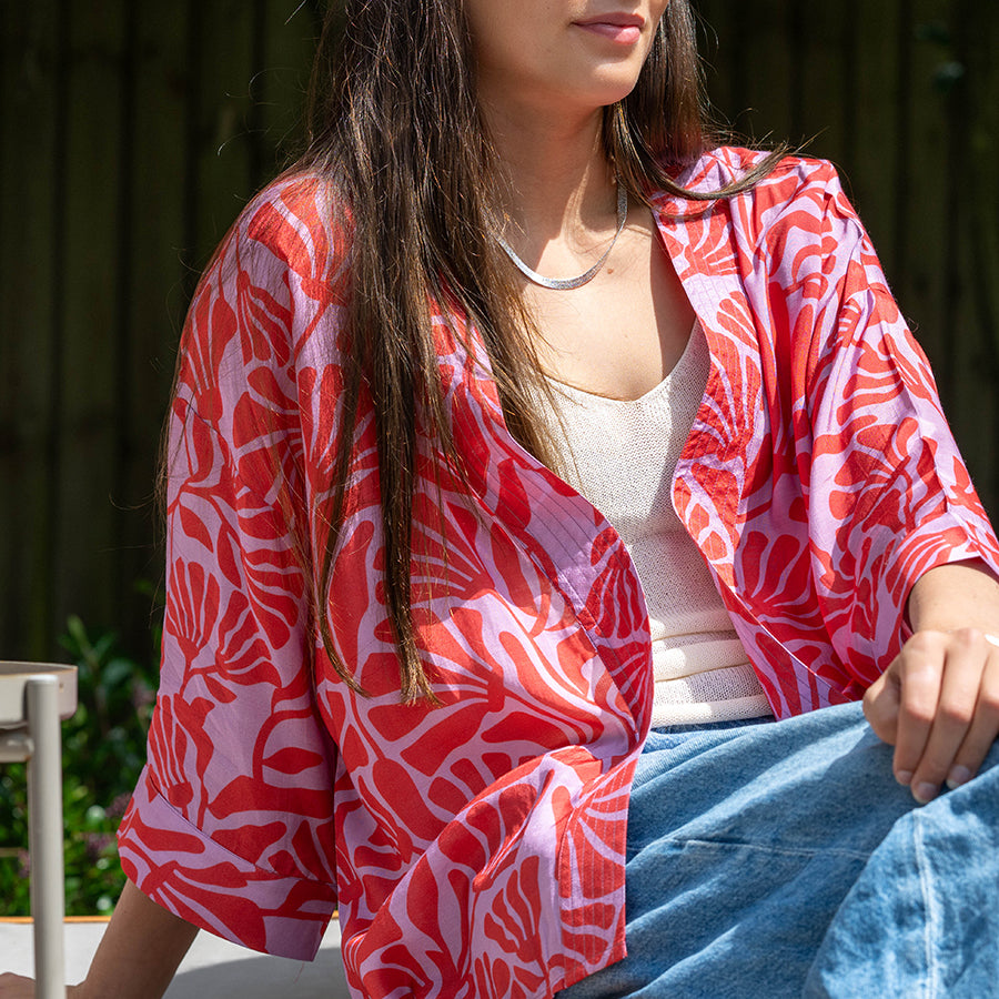 Red/ Pink Silhouette Print Kimono