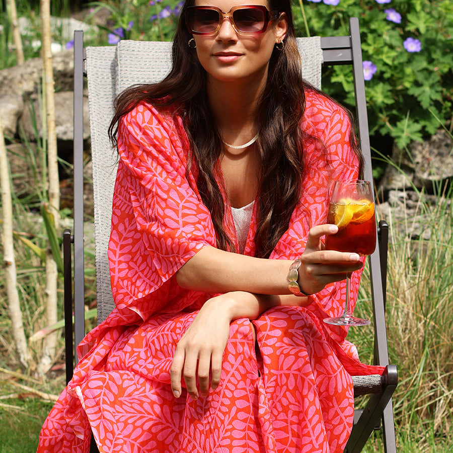 Red & Pink Mix Vine Print Long Kimono