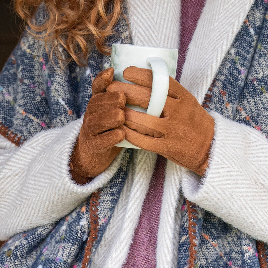 Faux Suede Gloves in Camel