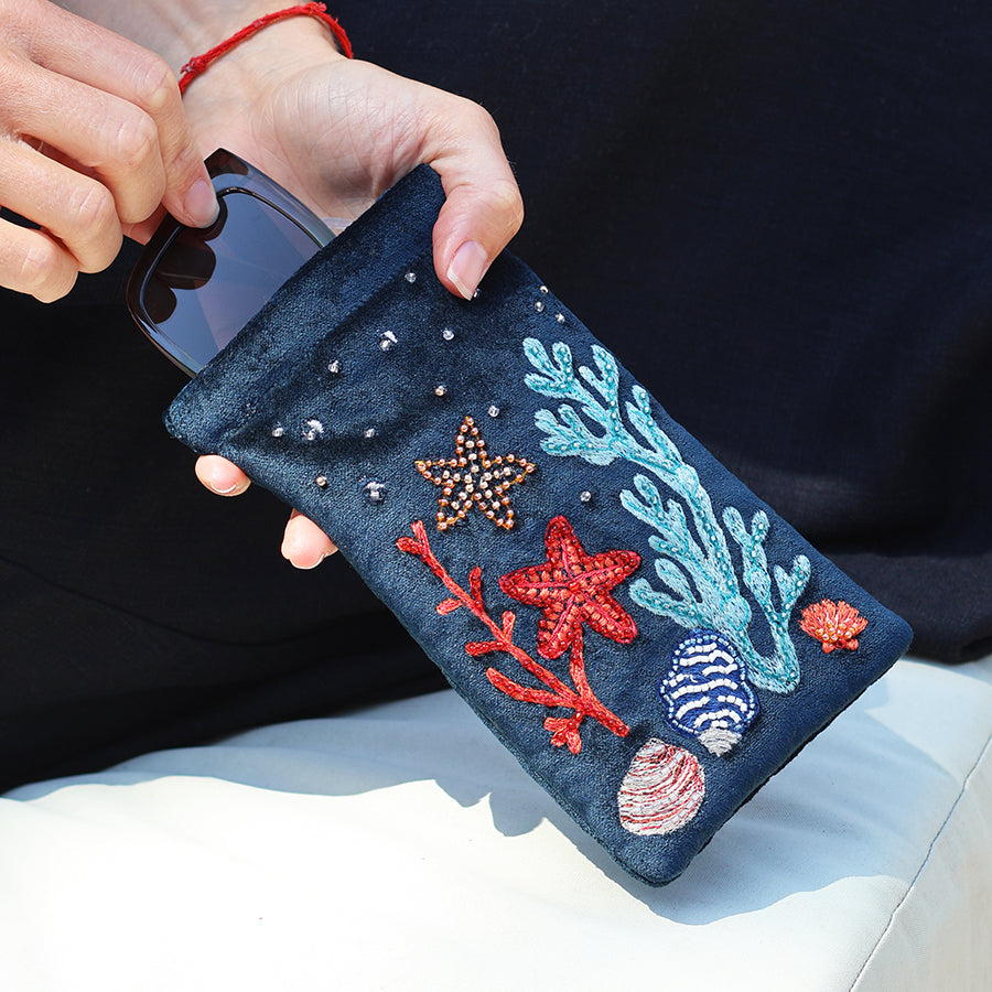 Navy Velvet Embroidered Sealife Glasses Pouch