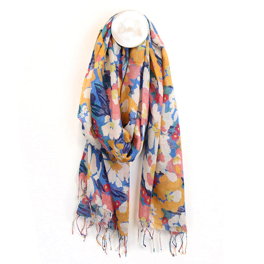 Floral Silhouette Print Soft Scarf Blue & Yellow