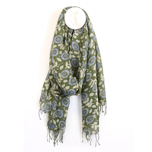 Flower Block Print Soft Modal Scarf With Tassels Olive