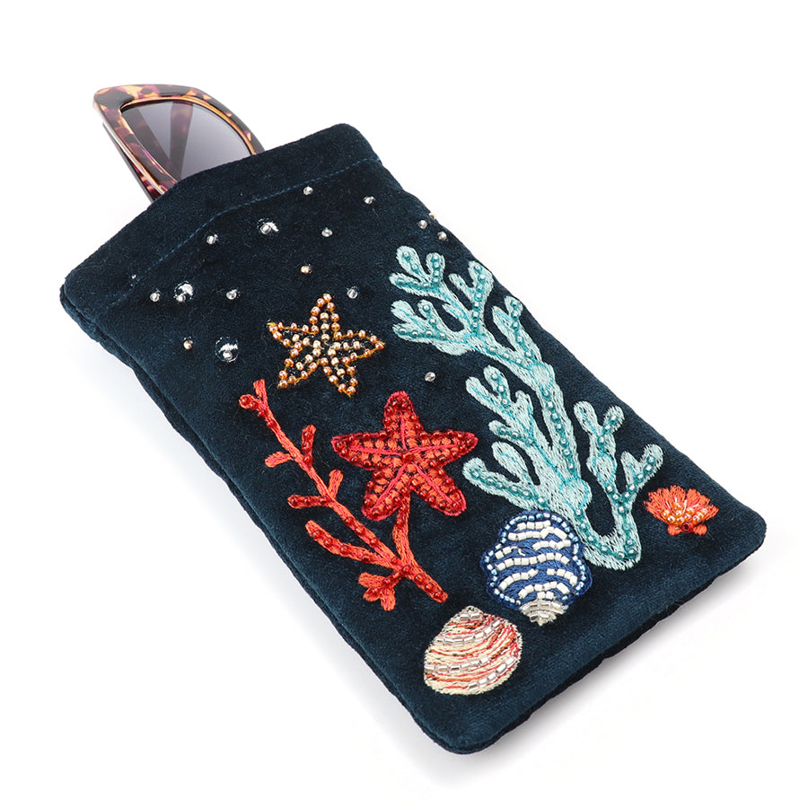 Navy Velvet Embroidered Sealife Glasses Pouch