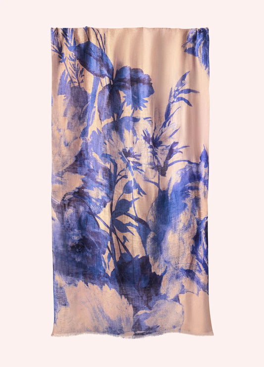 China Blue Blooms Linen & Cotton Scarf