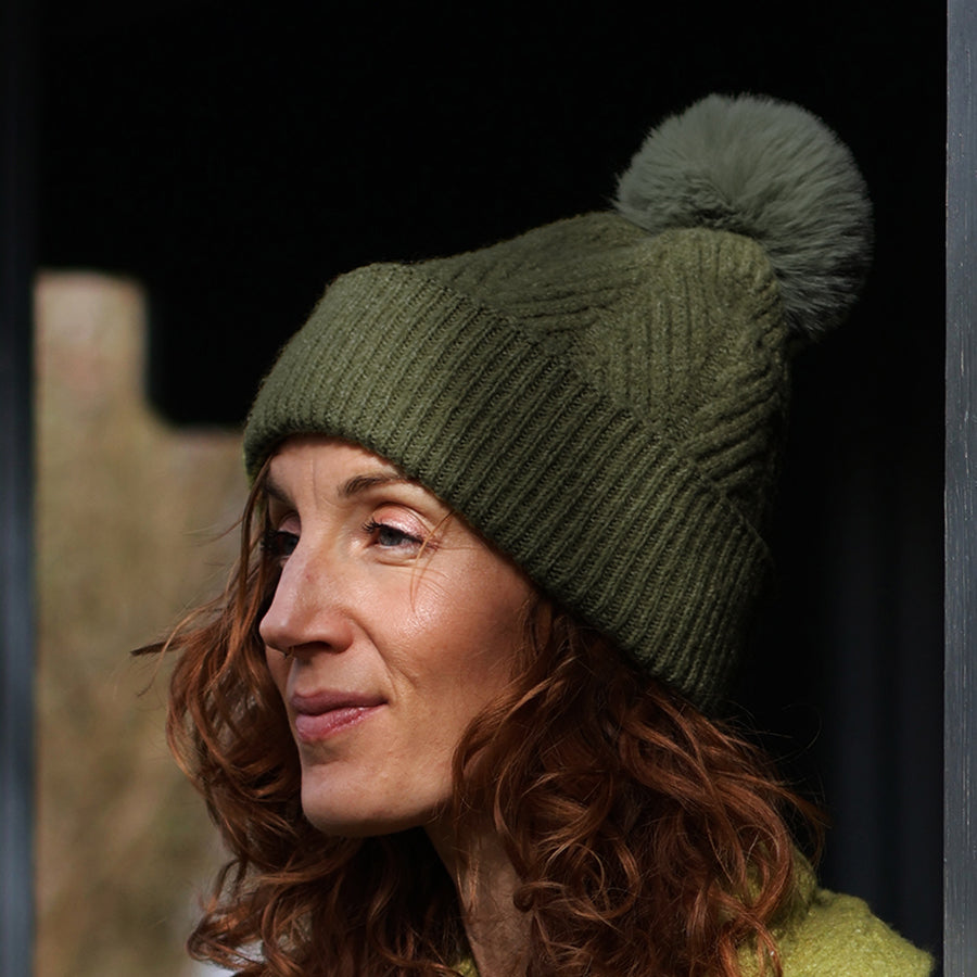Herringbone Knit Bobble Hat Moss Green