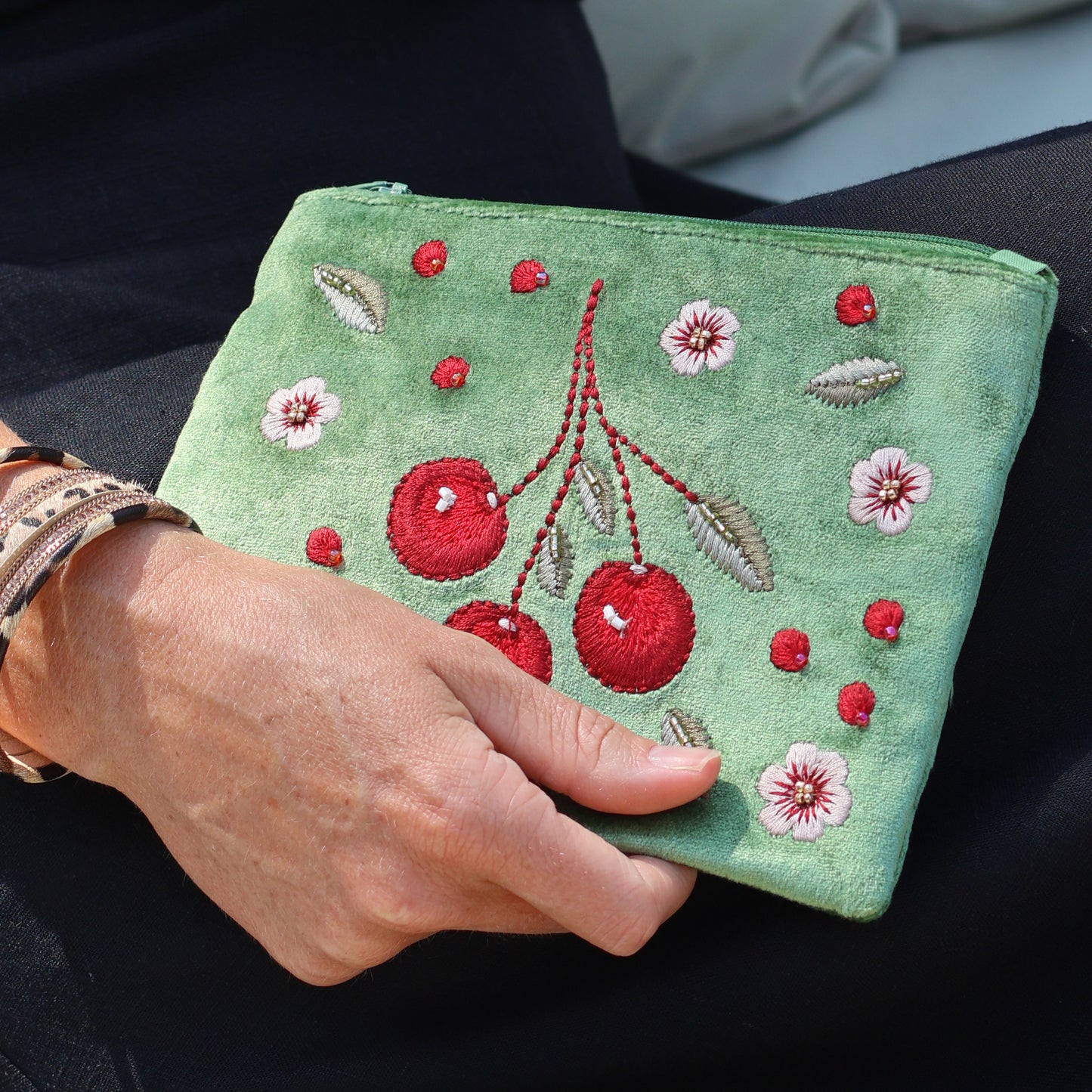Green Velvet Embroidered Cherries Pouch Purse