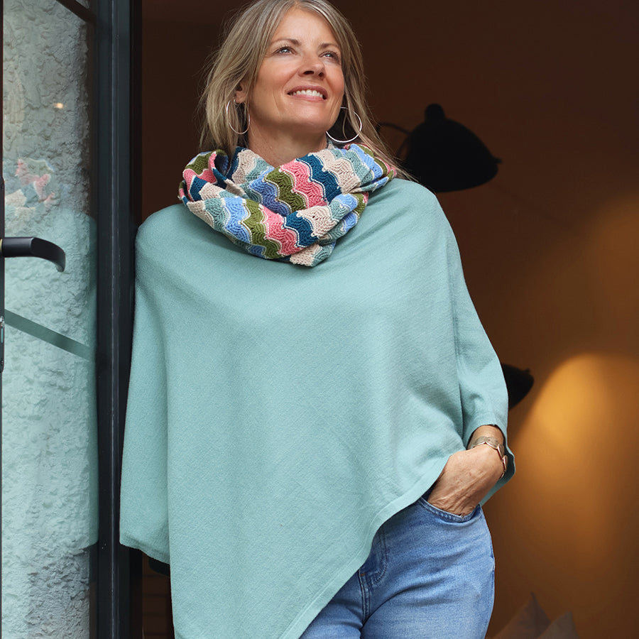 Fine Knitted Recycled Blend Poncho Pale Green