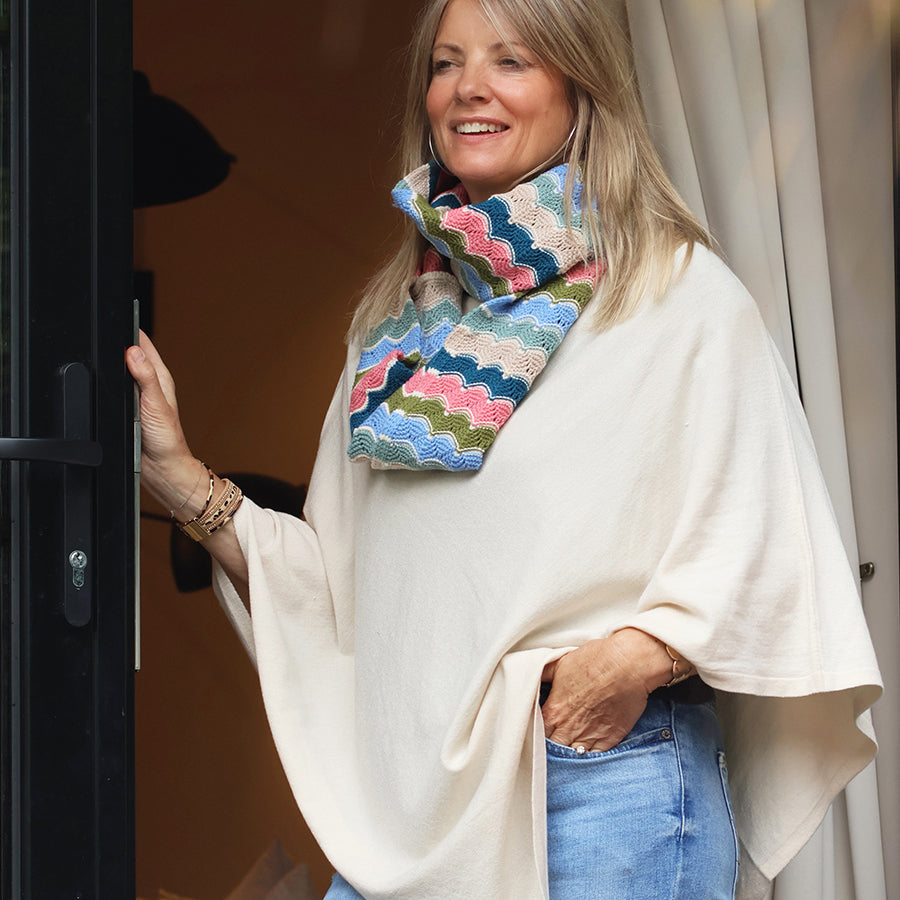 Fine Knitted Recycled Blend Poncho Cream