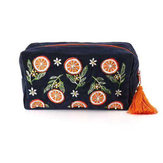 Navy Velvet with Embroidered Oranges Cosmetic Bag