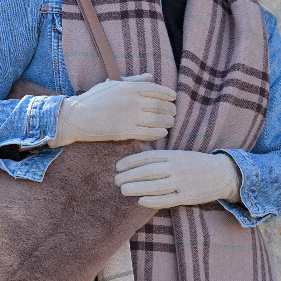 Faux Suede Gloves in Stone