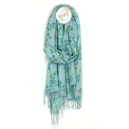 Sea Of Flowers Scarf With Fringe Turquoise