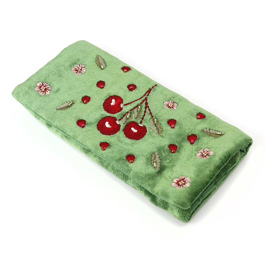 Green Velvet Embroidered Cherries Jewellery Roll