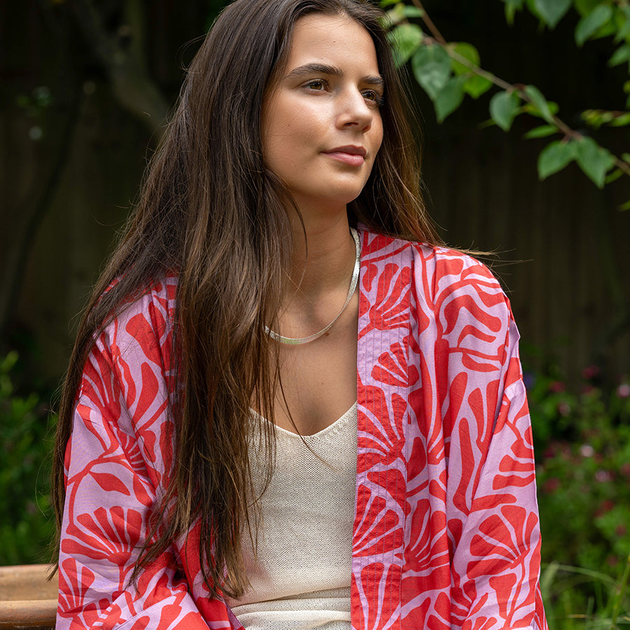 Red/ Pink Silhouette Print Kimono