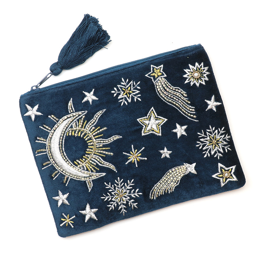 Celestial Night Embroidered Velvet Pouch Purse