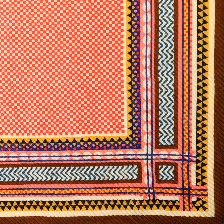 Square Crinkle Scarf in Brown, Coral & Mustard