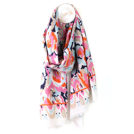 White & Coral Mix Abstract Print Recycled Scarf
