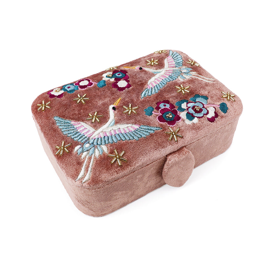 Cranes & Flowers Embroidered Velvet Jewellery Box