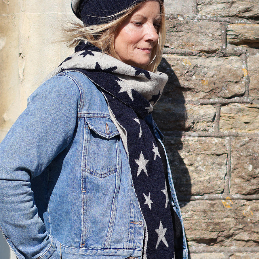 Reversible Star Scarf in Navy & Cream