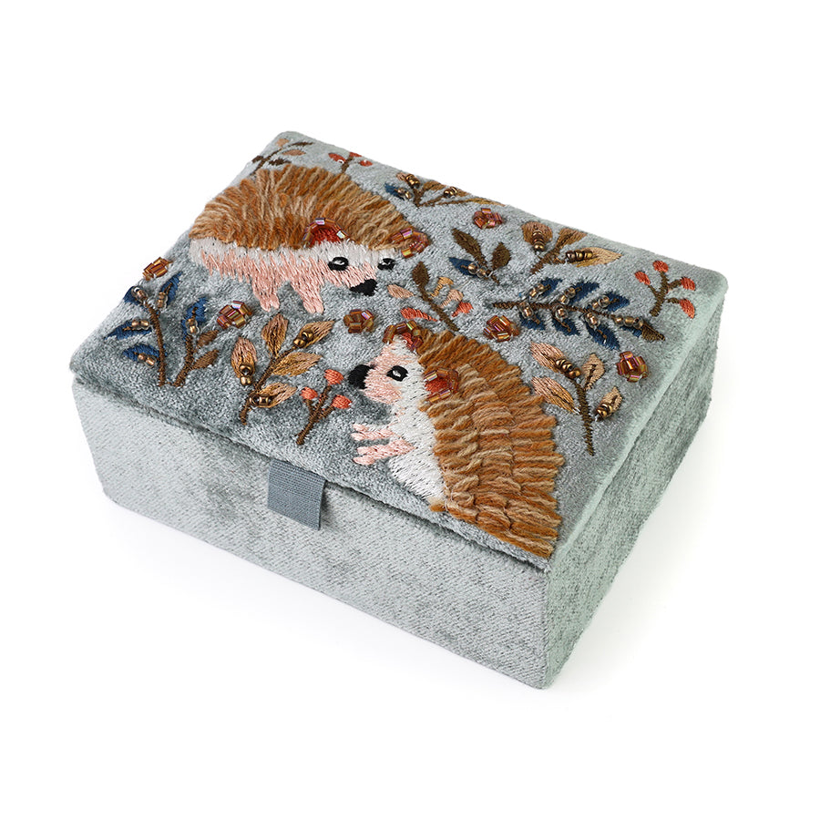 Hedgehog Embroidered Velvet Jewellery Box