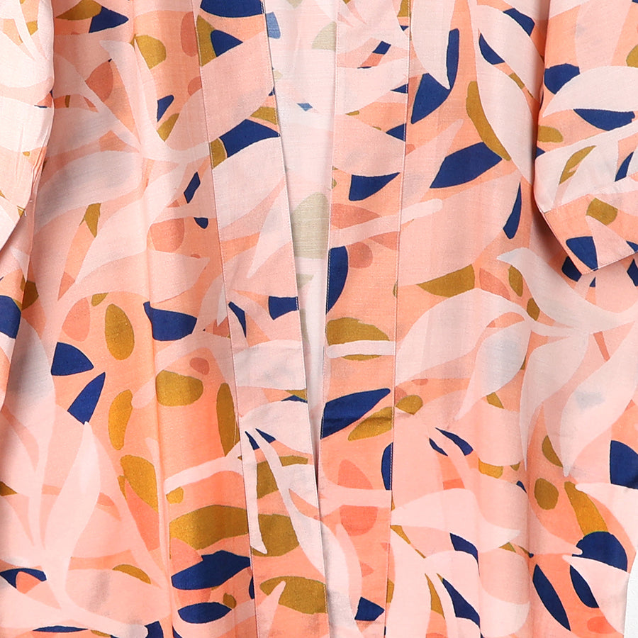 Peach Mix Leaf Silhouette Print Long Kimono