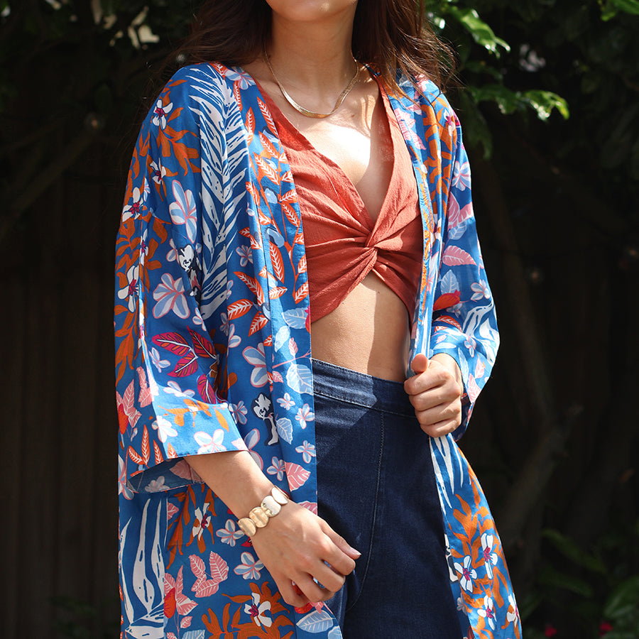 Blue & Rust Botanical Print Long Kimono