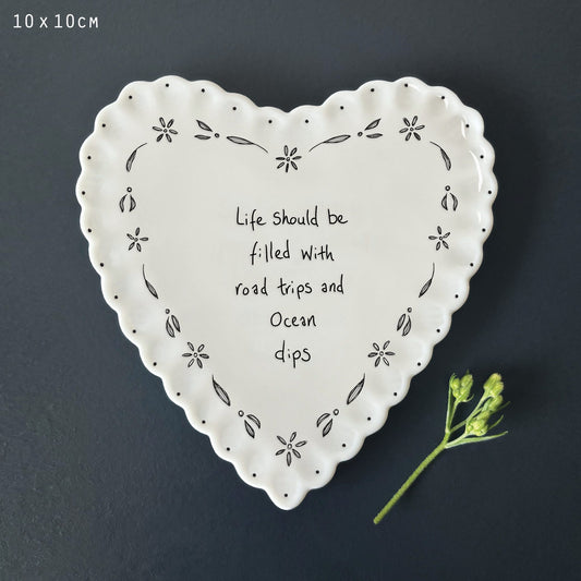 Porcelain Scalloped Heart Coaster Life Filled With Ocean Dips
