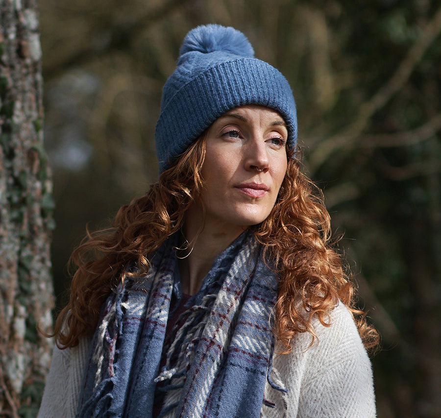 Herringbone Knit Bobble Hat Denim Blue