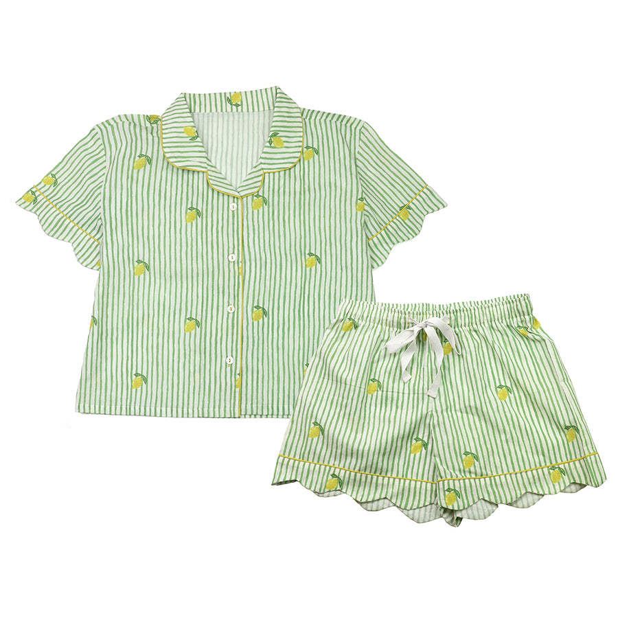 Green Stripe & Lemon Print Ladies Short Pyjamas