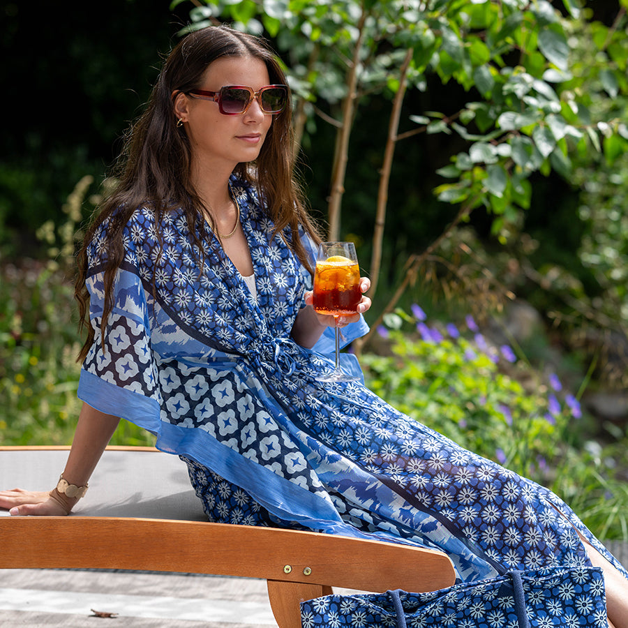 Blue Mix Floral Tile Print Long Kimono