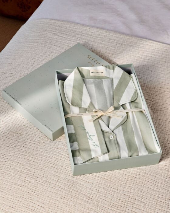 Stripe Print Gift Set Pyjamas in Green Mist & White