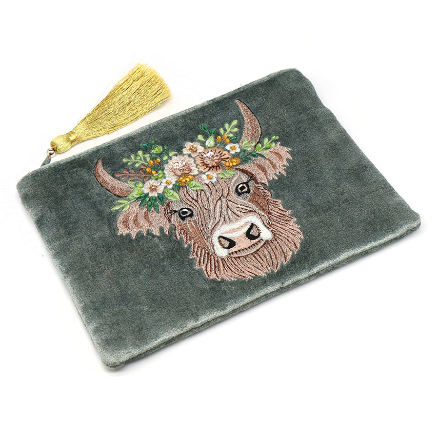 Highland Cow Embroidered Velvet Pouch Purse