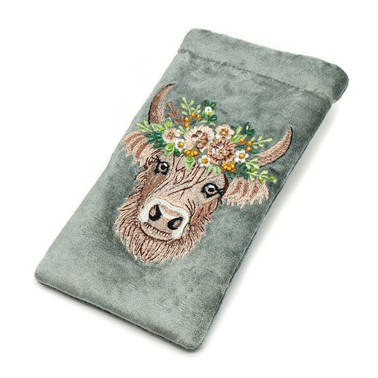 Highland Cow Embroidered Velvet Glasses Pouch