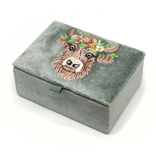 Highland Cow Embroidered Velvet Trinket Box