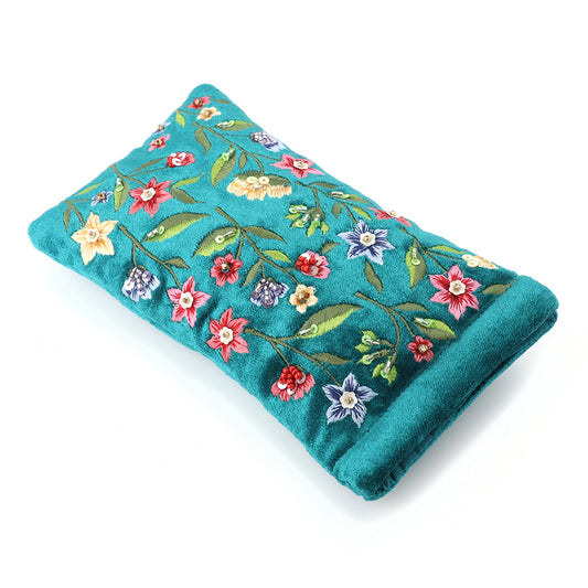 Teal Velvet Embroidered Flowers Glasses Pouch