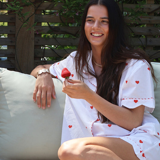 Off White & Red Heart Print Ladies Short Pyjamas