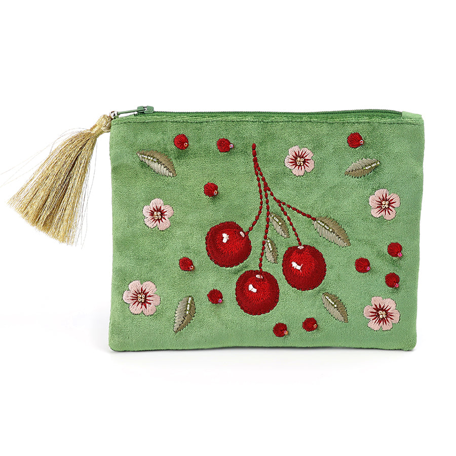 Green Velvet Embroidered Cherries Pouch Purse