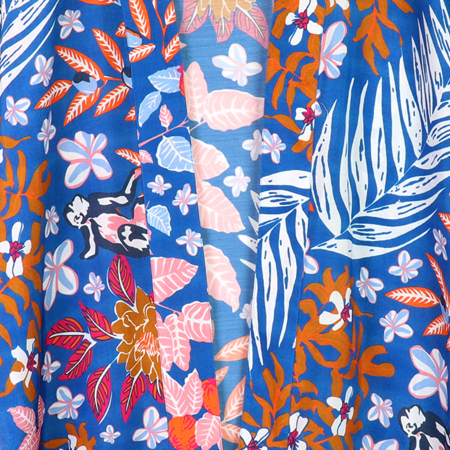 Blue & Rust Botanical Print Long Kimono