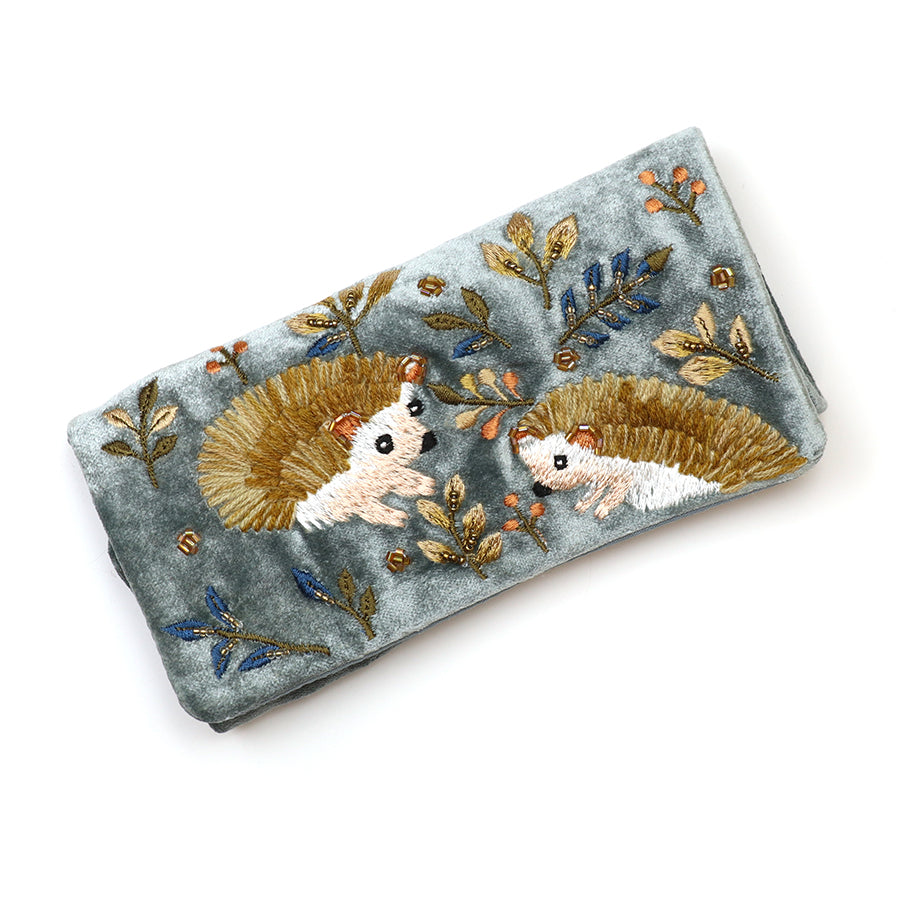Hedgehog Embroidered Velvet Jewellery Roll