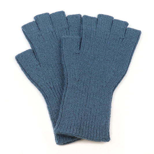Fine Rib Knit Fingerless Gloves in Denim Blue