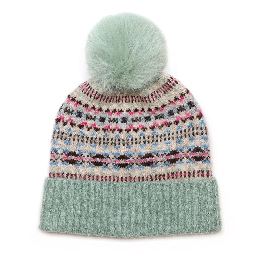 Pink & Mint Patterned Knit Bobble Hat