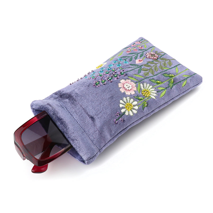 Lilac Floral Embroidered Velvet Glasses Pouch
