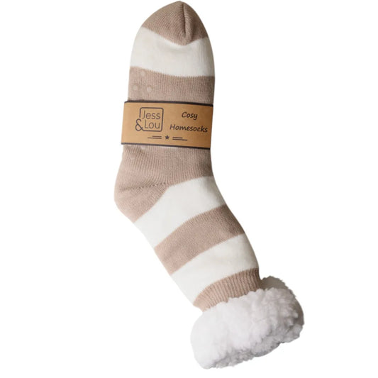 Taupe & White Stripe Super Cosy Lined Socks