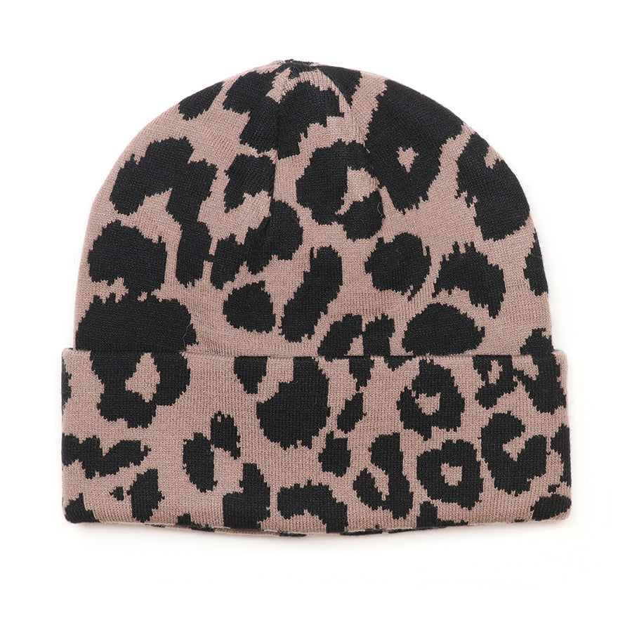 Taupe & Black Animal Print Beanie Hat
