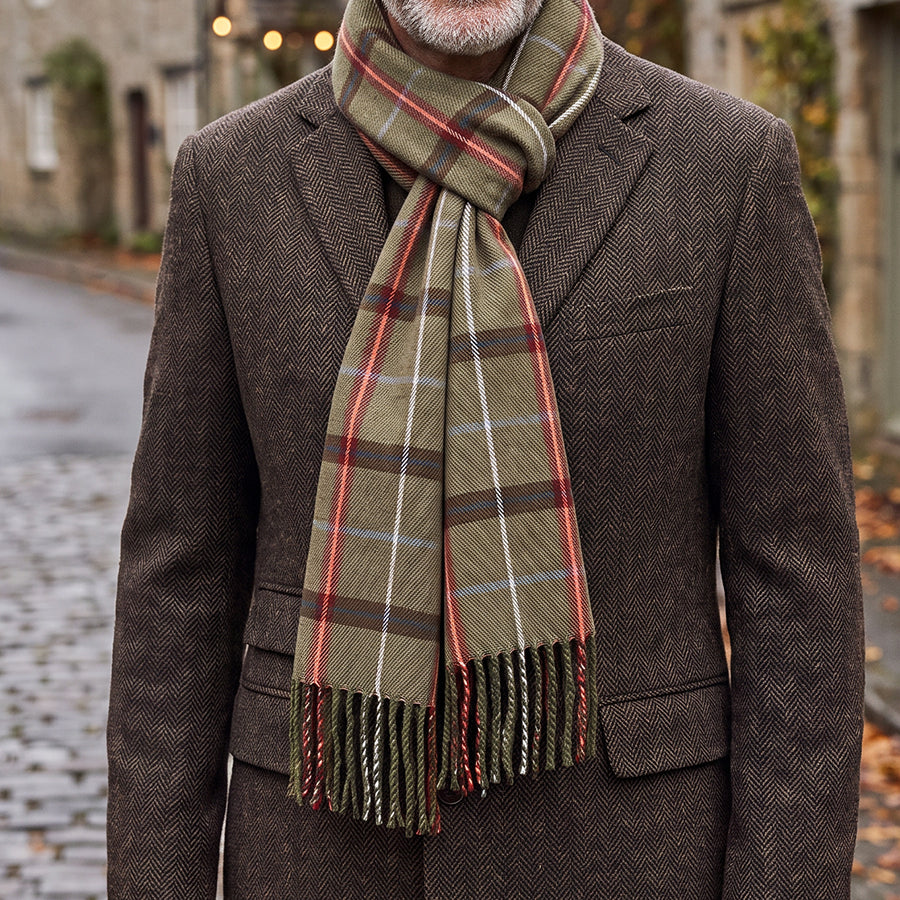 Tartan Recycled Blend Scarf Olive, Red & Brown