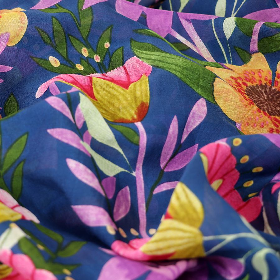Cobalt Blue & Violet Botanical Print Long Kimono
